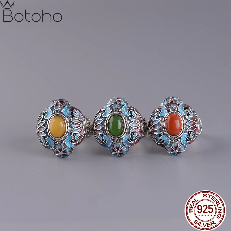 

925 Sterling Silver Cloisonne Lotus Flower Red Agate Jasper Women's Ring Ethnic Vintage Enamel Court Rings 2023 New Party Gift