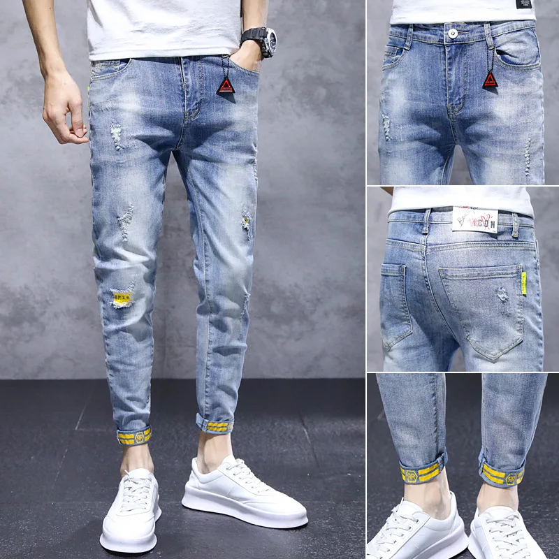 Denim Jeans 2022 Summer New Casual Pants Jean Slim Elastic Small Feet Light Color Ripped Hole Youth Teenager Ankle Long Pants