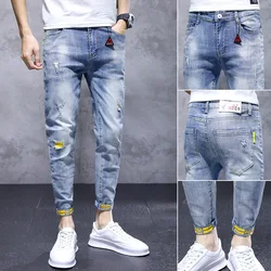 Denim Jeans 2022 Summer New Casual Pants Jean Slim Elastic Small Feet Light Color Ripped Hole Youth Teenager Ankle Long Pants