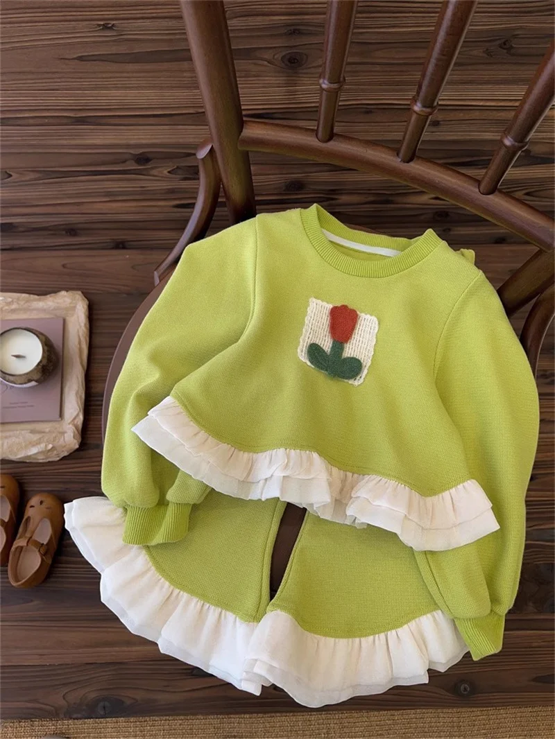 Girls Fashion Striped Set Kids Casual Sweatshirts Outfits Children Long Sleeves Clothing Suits Spring Fall Tops+Flared Jeans