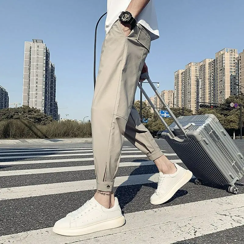 Summer Elegant Fashion Harajuku Slim Fit Ropa Hombre Loose Casual All Match Cropped Pants Solid Pockets Cotton Wide Leg Pants