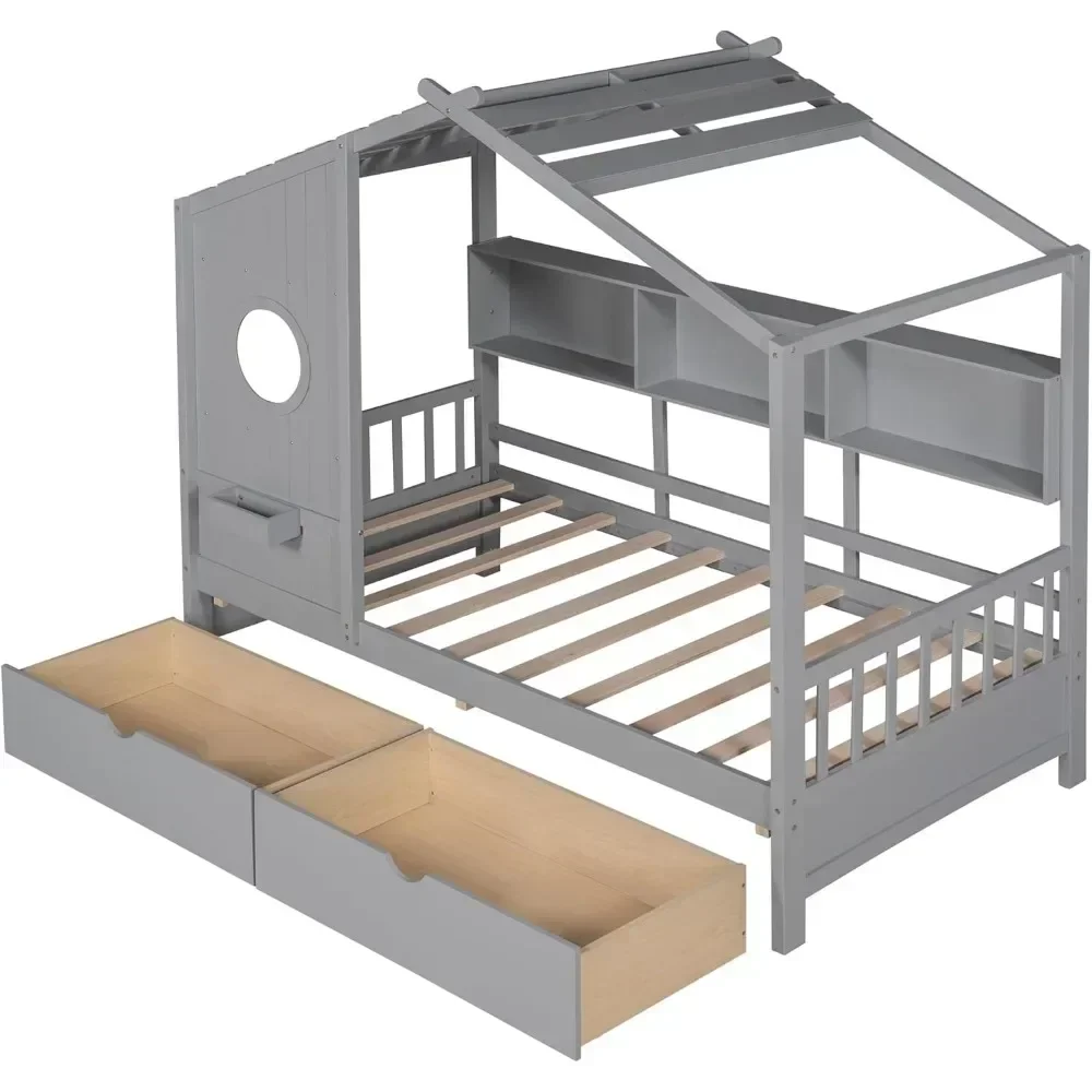 Children Beds, Twin House Bed with Storage Drawers & Bookcase, Solid Wood Playhouse Bed for Kids Teens Girls Boys, Children Beds
