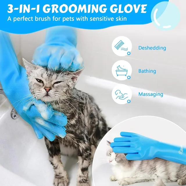 Pet Grooming Cleaning Gloves Dog Cat Bathing Shampoo Glove Scrubber Magic Dishwashing Cleanner Sponge Silicon Hair Removal Glove 3