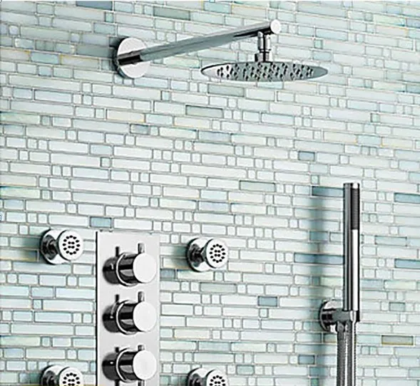 

Shower System with 4 Body Massage Jet wall Mounted 10" Overhead Rainfall Shower Head Handheld Spayer 3 Way Thermostatic Shower