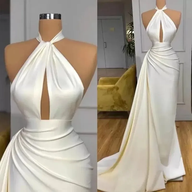 

Sexy Ivory Halter Keyhole Neck Long Evening Dress With Split Slit Sheath Pleats Vestidos De Fiesta Formal Prom Occasion Gowns