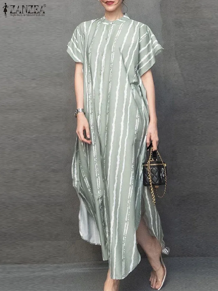 

ZANZEA 2023 Women Stripe Printed Shirt Dresses Vintage Short Sleeve Maxi Robe Oversized Round Neck Vestidos Summer Slit Dress