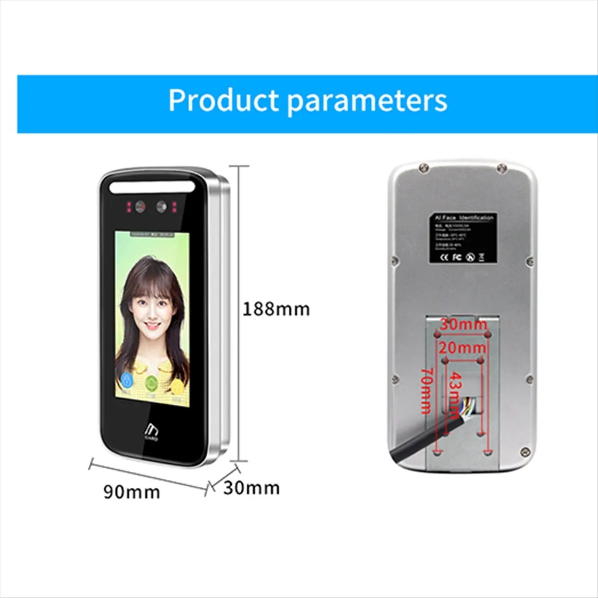 T69C Tuya Wifi AI 동적 얼굴 인식 리더 출석 단말기 5000face TCP IP 5인치 화면 125KHz IP54 방수(B)