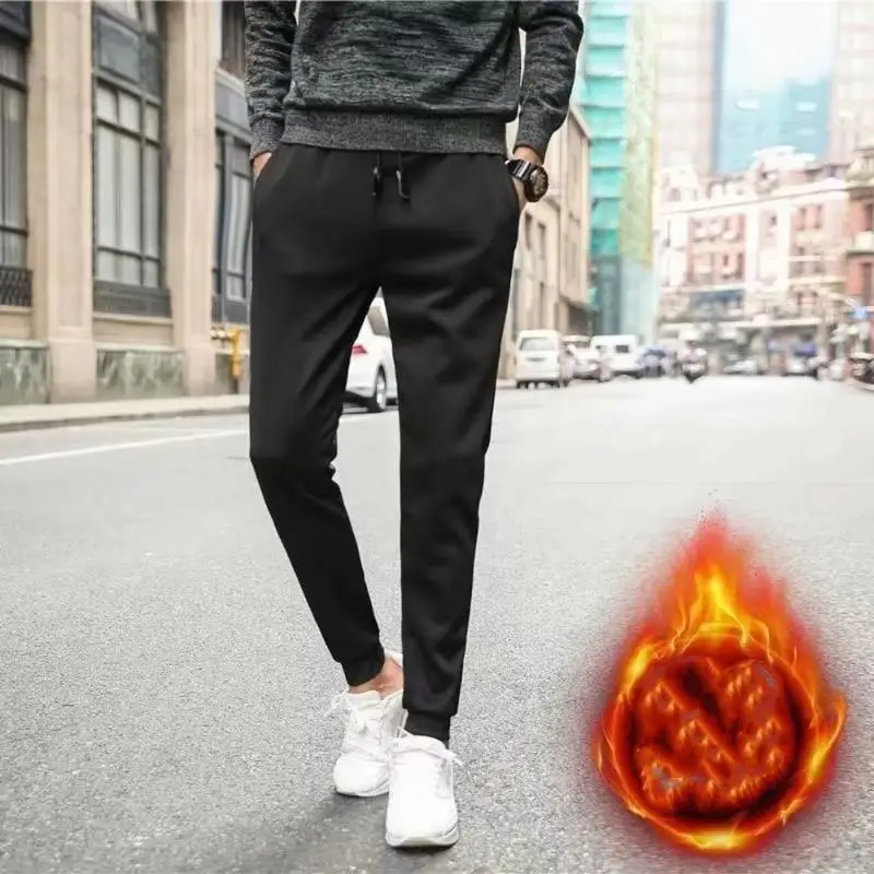 1pcs Plus Velvet Winter Men's Sport Pant Thickening Warm Long Pants Black Trousers