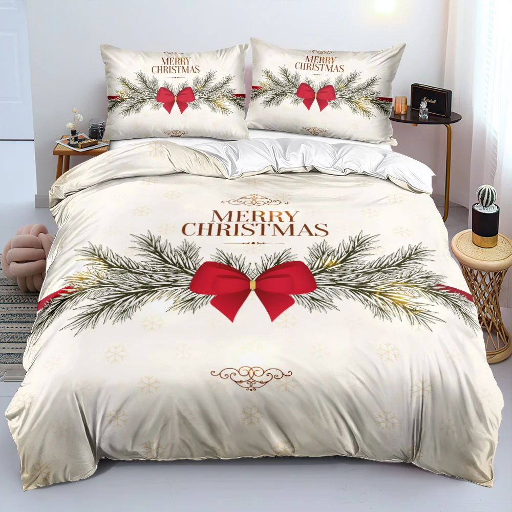 

3D Merry Christmas White Bedding Sets XMAS Duvet/Quilt Cover Set Polyester Comforter Cover King Queen Full Twin Red Bow Beige