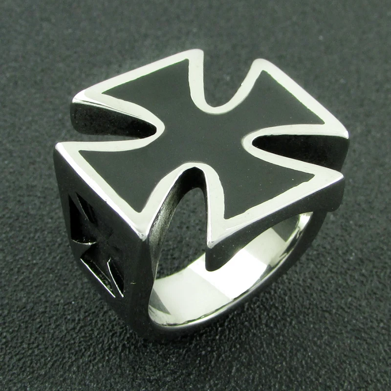 Punk US Size 7-14# 316L Stainless Steel High Quality Black Enamel Iron Cross Ring Man Biker Jewelry 3