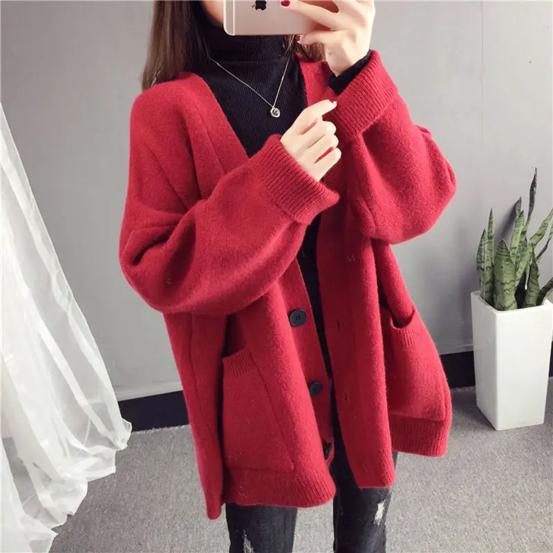

New Sweaters Womens Femme Loose Students Button Cardigans V-neck Casual Candy Color Sweet Outwear All-match Coat Female Top