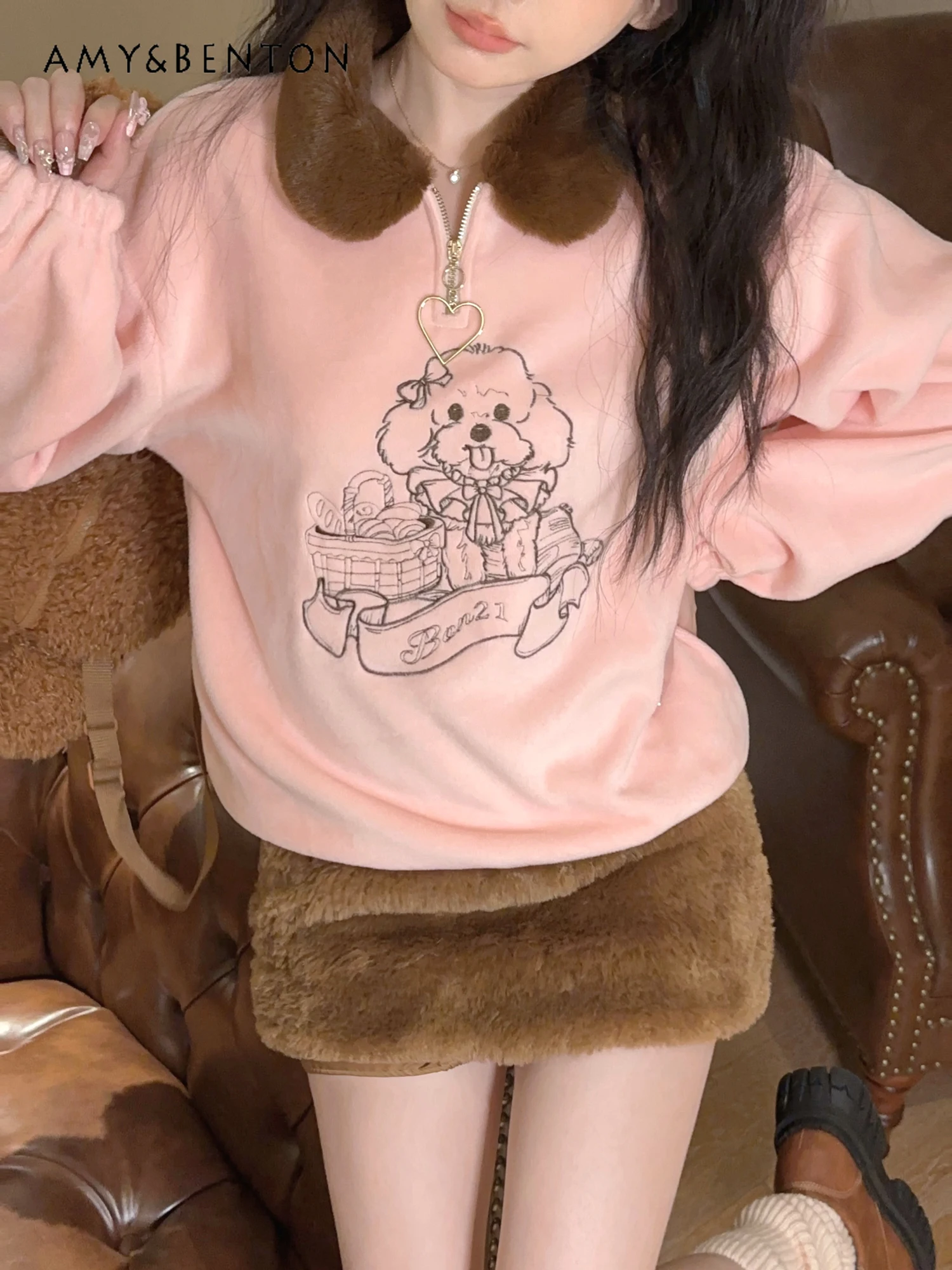 

Kawaii Sweet Girl Cartoon Embroidery Plush Stitching Lapel Hoodies Women Preppy Style Cute Thicken Loose Hoodie Y2K Sweatshirt