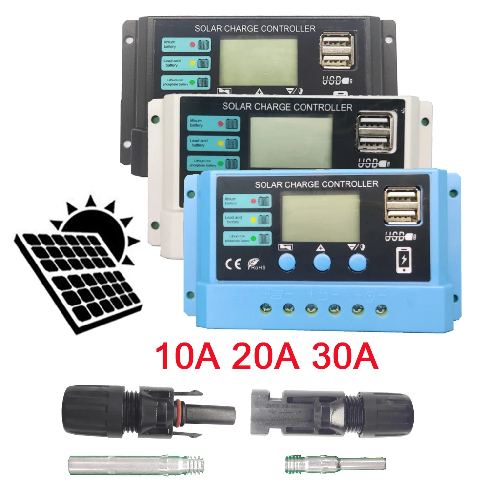 Controlador de carga Solar PWM 10A 20A 30A 12V 24V regulador PV + controlador  de puerto Dual de pantalla LCD para batería de plomo-ácido/litio -  AliExpress