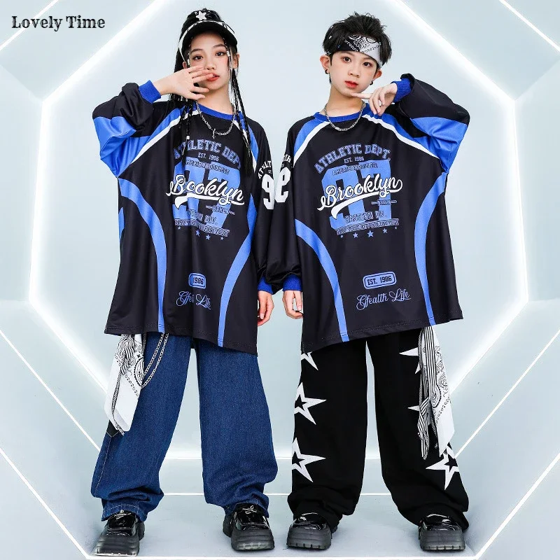 Girls K-pop Loose Contrast Sweatshirt Street Dance Pants Boys Hip Hop Jeans Clothes Sets Kids Jazz Costume Child Cool Streetwear