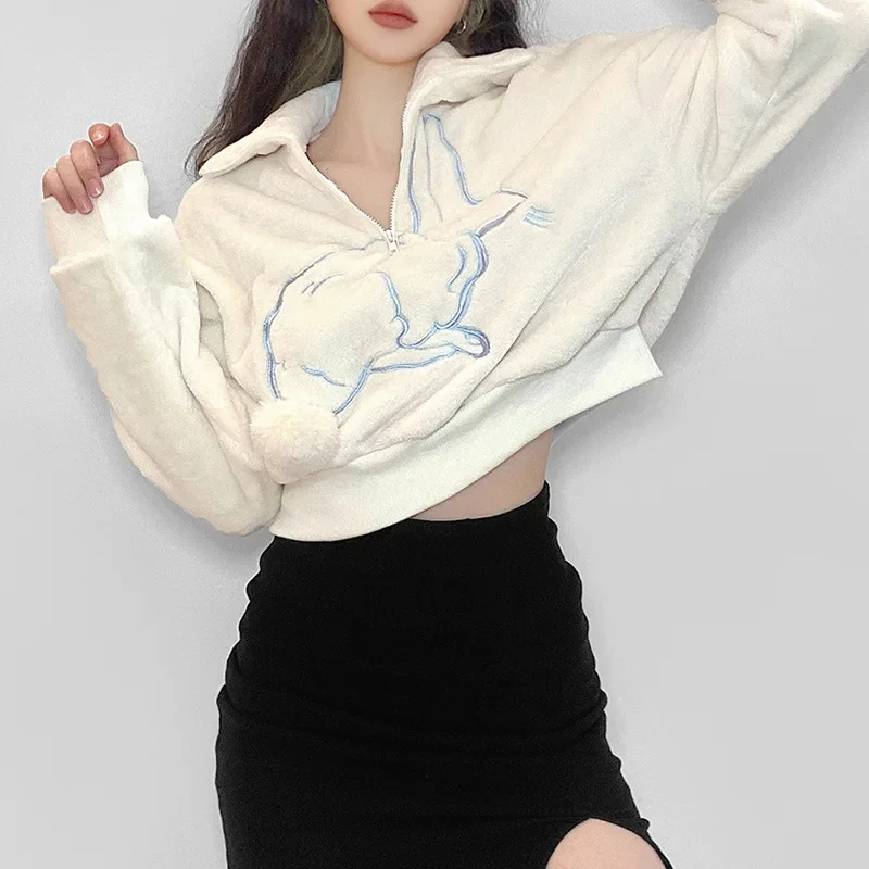 2024 Fall and Winter New Women's Loose Rabbit Embroidery Pullovers Half Zipper Long Sleeve Sweatshirt New Woman Apricot Hoodie