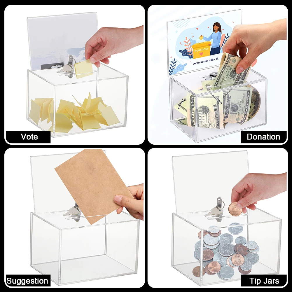 Acrylic Donation Box with Lock Raffle Box with Sign Holder Ballot Suggestion Box for Fundraising Donation Voting 5