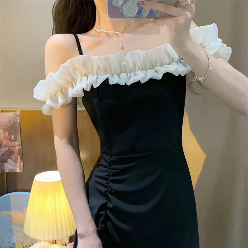 One-shoulder Suspender Green Dress for Women in Summer 2025 New French Gentle Temperament Slim Slit Skirt 5