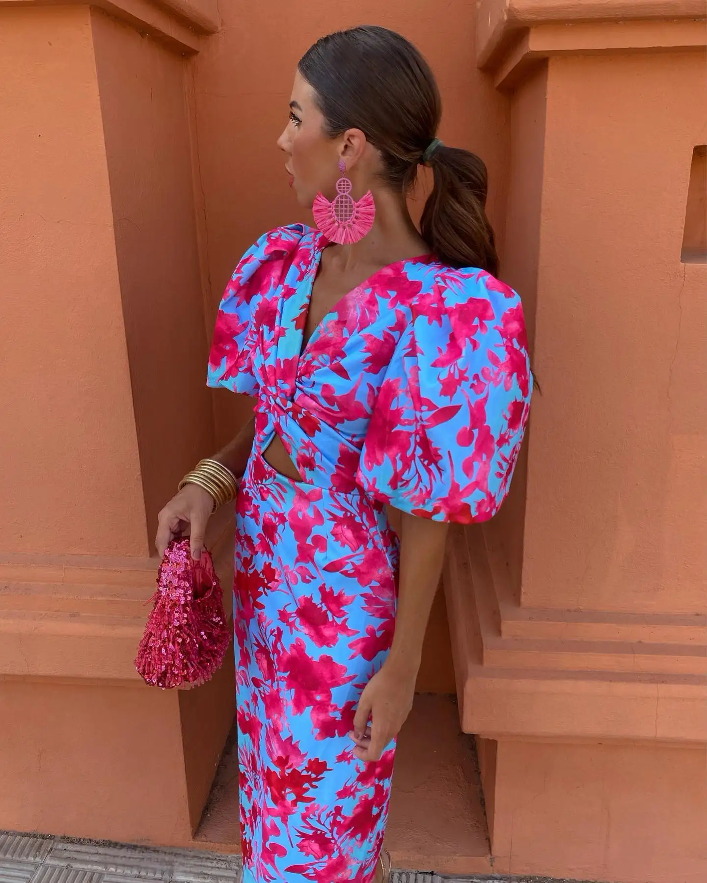 

2024 Hot Sale Half Sleeves Elegent Long Dresses For Women Solid Printed Cut Out Party Dress Sliming Holiday Wear Female Clothing