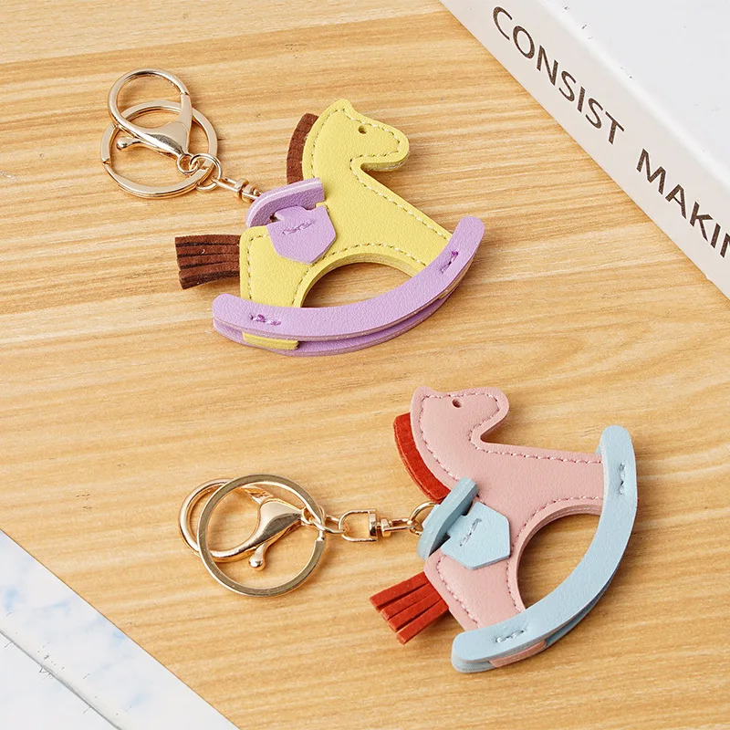 Elegant Leather Rocking Horse Keychain - Classic Cartoon Pony Charm