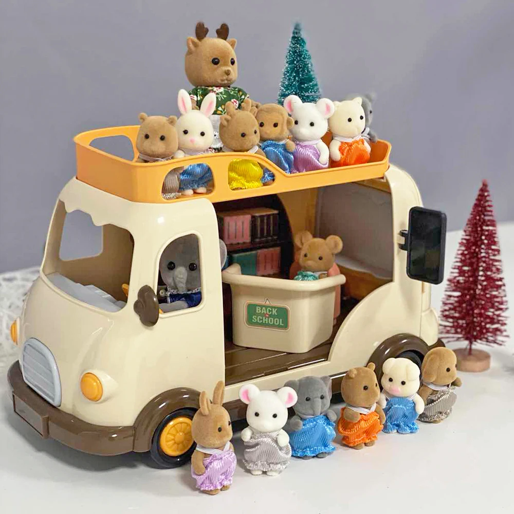 School Bus Book Shelf 1/12 Dollhouse Forest Family Ice Cream