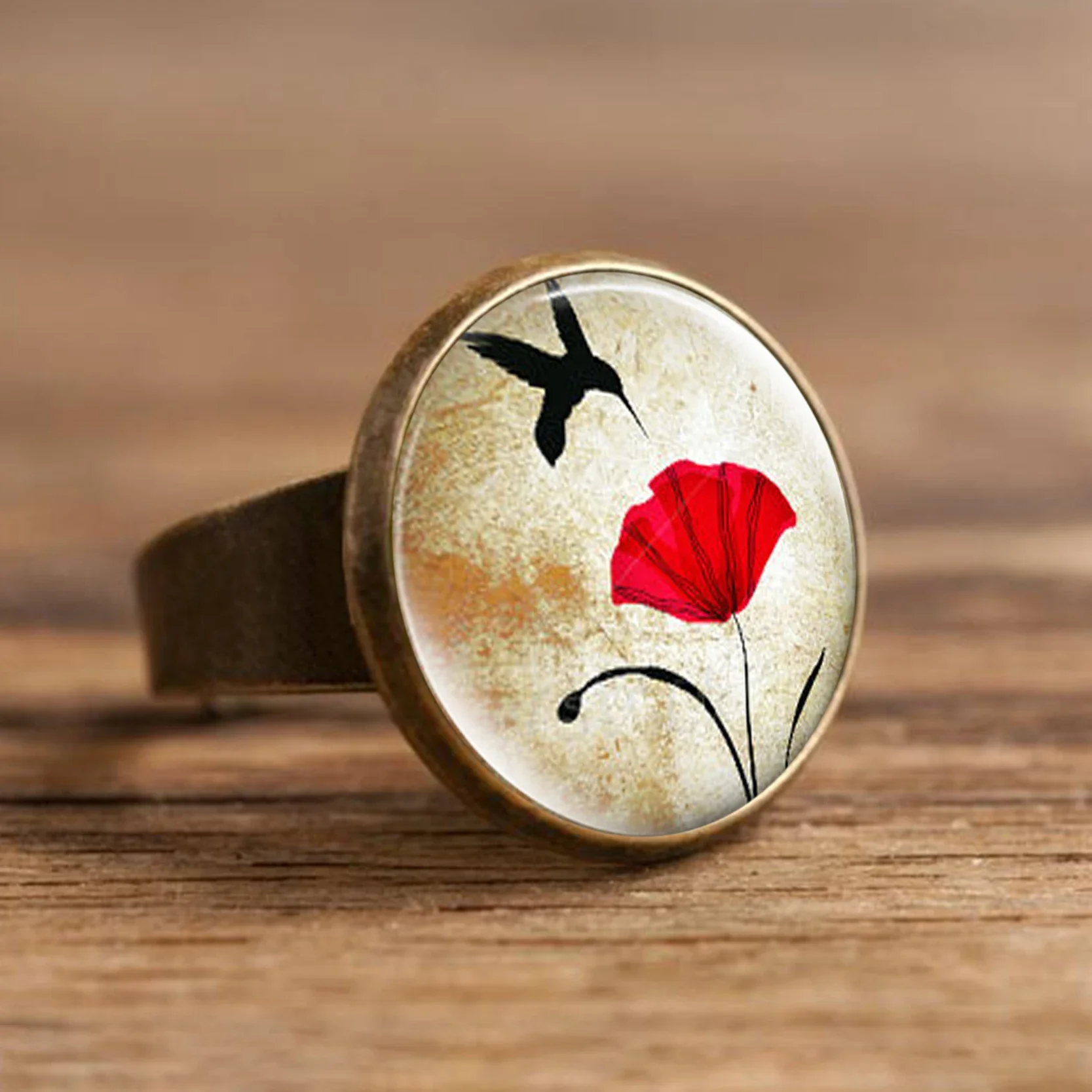 Anneau de coquelicot rouge fait à la main, champ de fleurs PopMED, image d'art en verre, bijoux breton, belles fleurs, matiques de bijoux, nouveau style, 2019