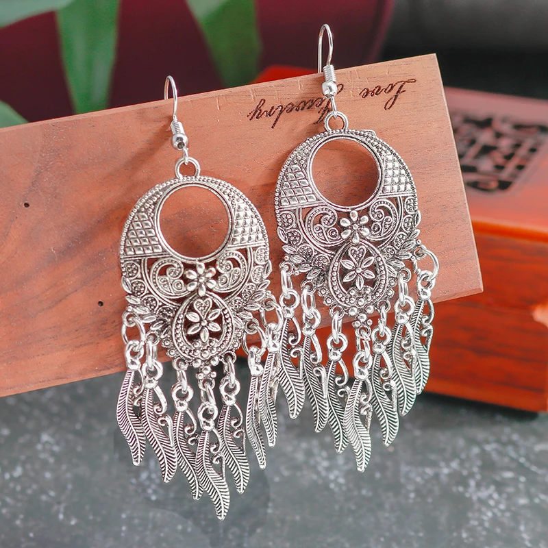 Böhmische Legierung Blume Tropfen Ohrringe für Frauen ethnische Feder Quaste baumeln Ohrringe Mädchen Party Schmuck Geschenke