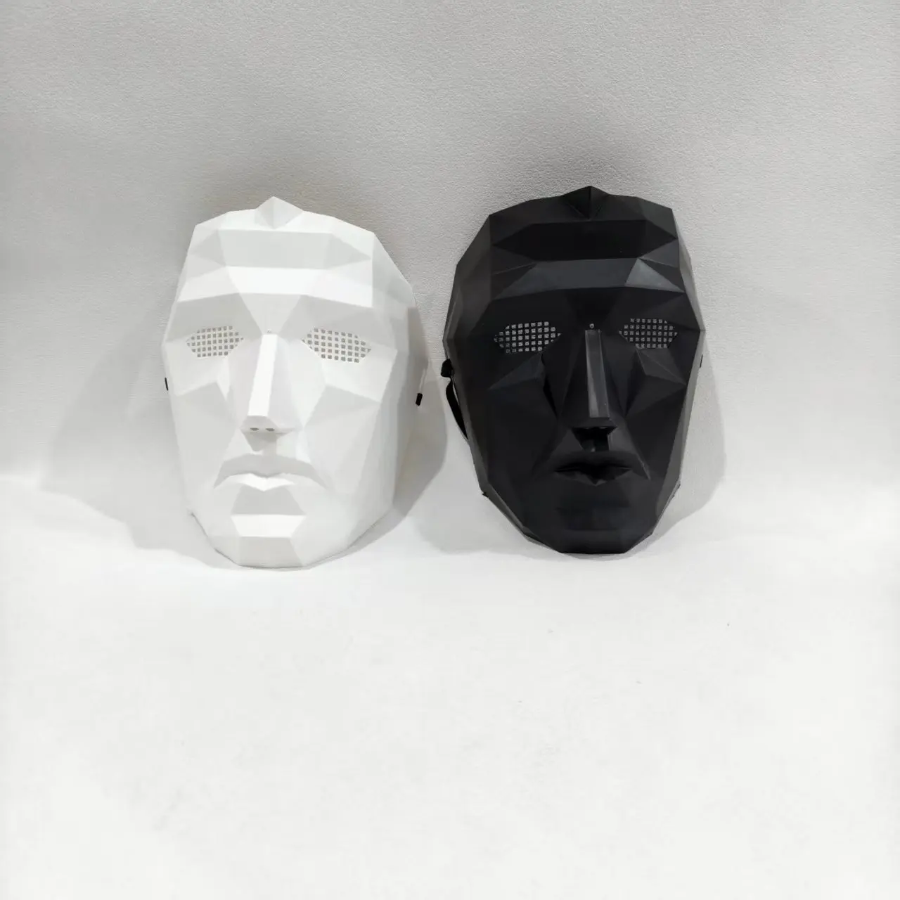 Geometric Faceted Full Face Mask Duo: Black & White Breathable Masquerade Costume Accessories Set