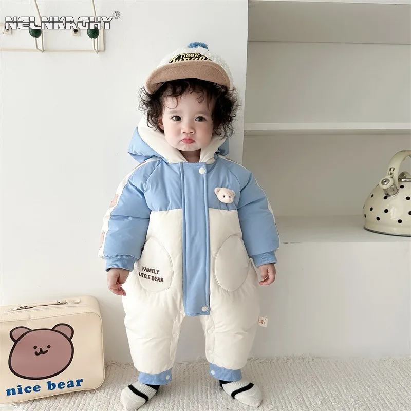 2023 Winter New Arrival: Kids Babies Boys Girls Full Sleeve Patchwork Hooded Zipper One-Piece Romper with Cartoon Bears, 0-3Y