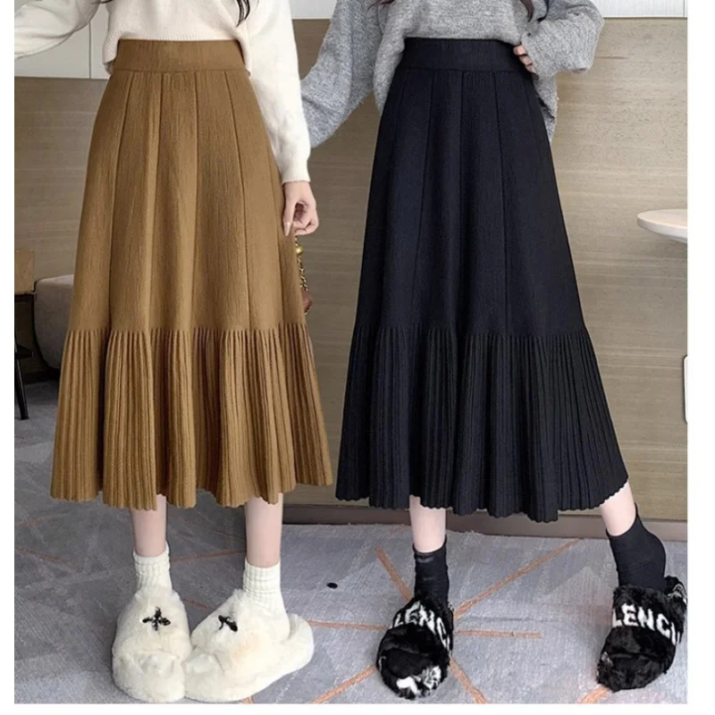 Pleated Knitted Dress Women's Autumn 2024 New A- line Mid-Length Umbrella Winter High Waist Skirt Fashion