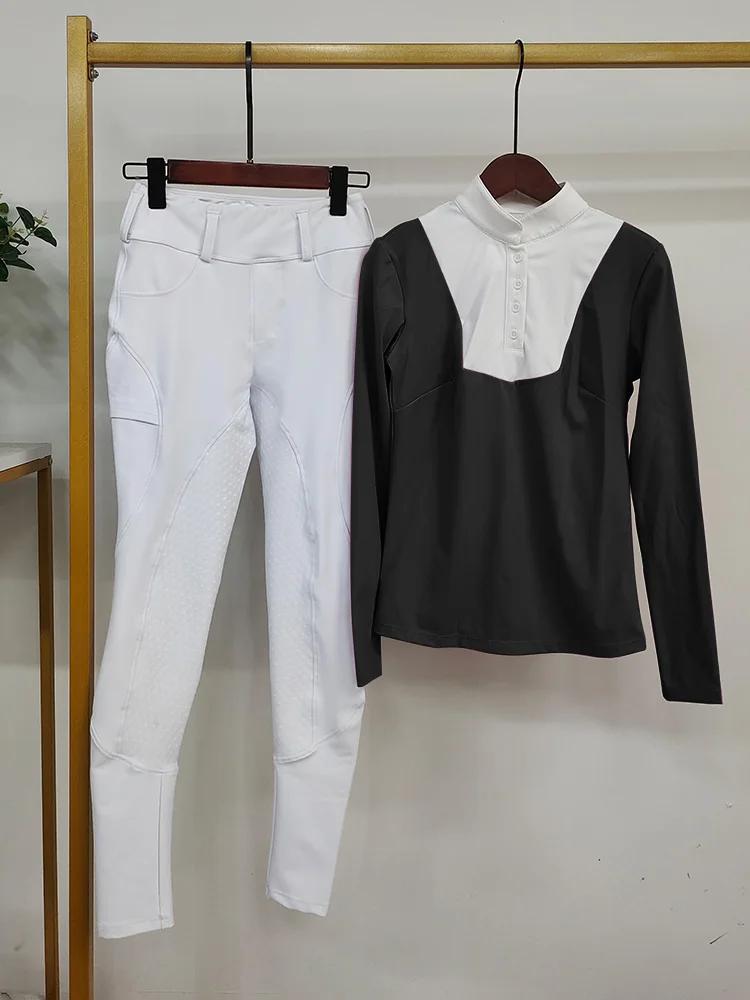 MXLLINA Women Equestrian Clothes Set Horse Riding Long Sleeve T-shirts And Pants Sports Suit Competition Trainning Riding Wear 3