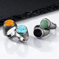 Punk Vintage Ethnic Rings for Men,Stainless Steel Natural Stone Scale Ring,Black Round Stone Signet Ring Gift