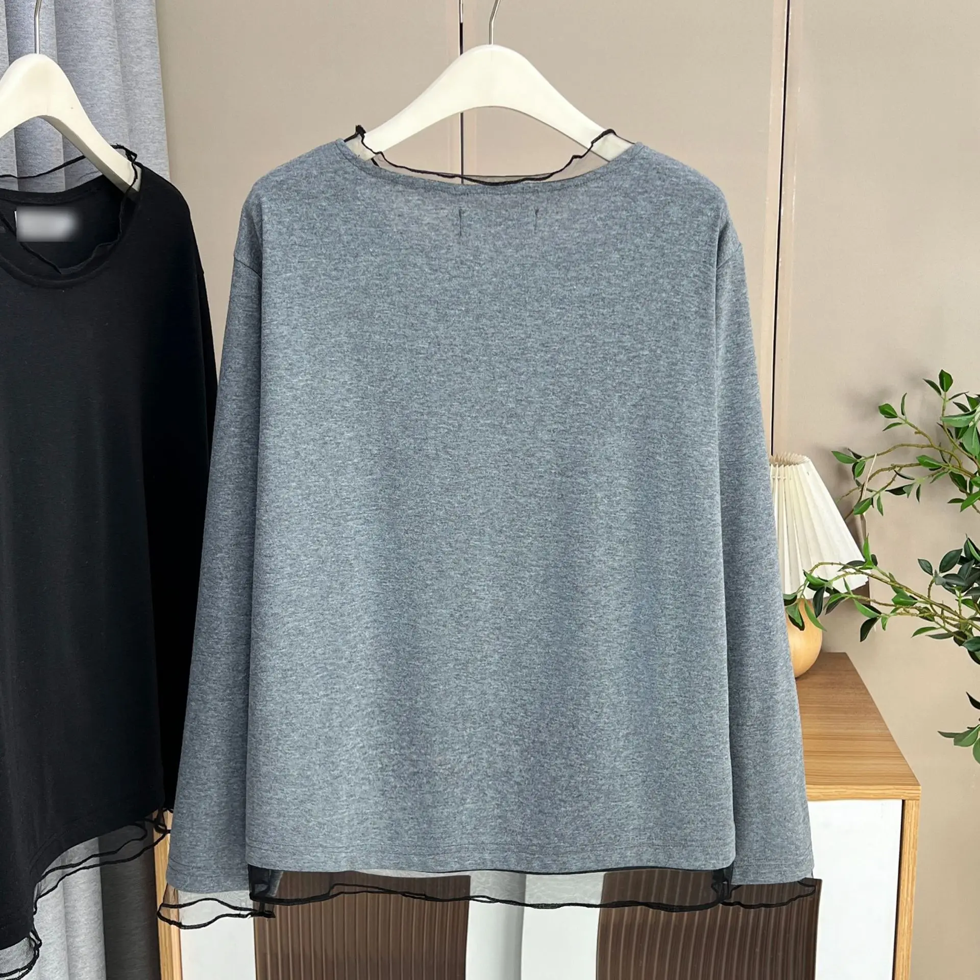 XXXXL Fashion Plus Size Woman Clothing T-Shirt Elegant Mesh Patchwork Collar Long Sleeved Base Casual Tops 1749