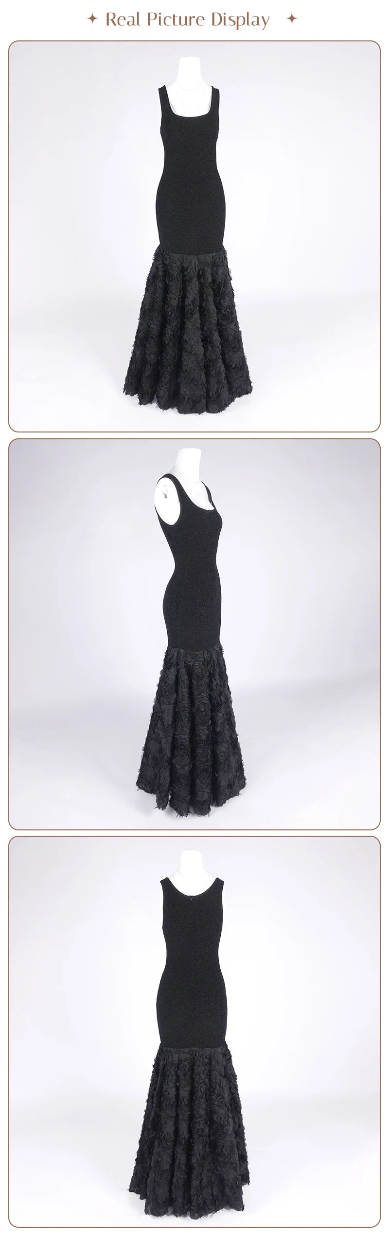 PB Elegantes schwarzes Pailletten-Meerjungfrau-Abendkleid – luxuriöses, ärmelloses Blumen-Formalkleid für Damen, langes Maxi-Abschlussball- und Party-Outfit – Detail 16