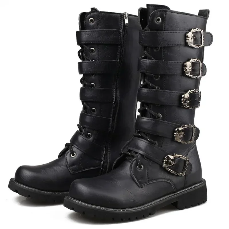 Large Size Men's Leather Motorcycle Boots Mid-calf Combat
