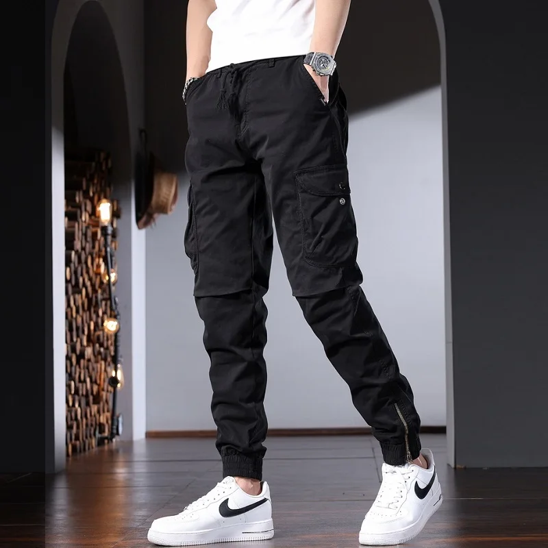 Men's Cotton Cargo Pants Casual Tactical Multiple Pockets Elastic Waist Drawstring Trousers CP2210