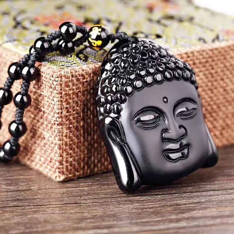 Mode Matt Obsidian Shakyamuni Buddha Kopf Charme Männer und Frauen Amulett Halskette Buddhistische Religiöse Schmuck