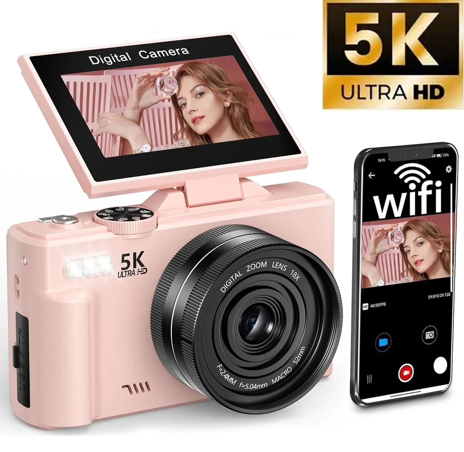 5K 75MP Digital Camera Built in Flash 180°Flip Screen for Photography ...