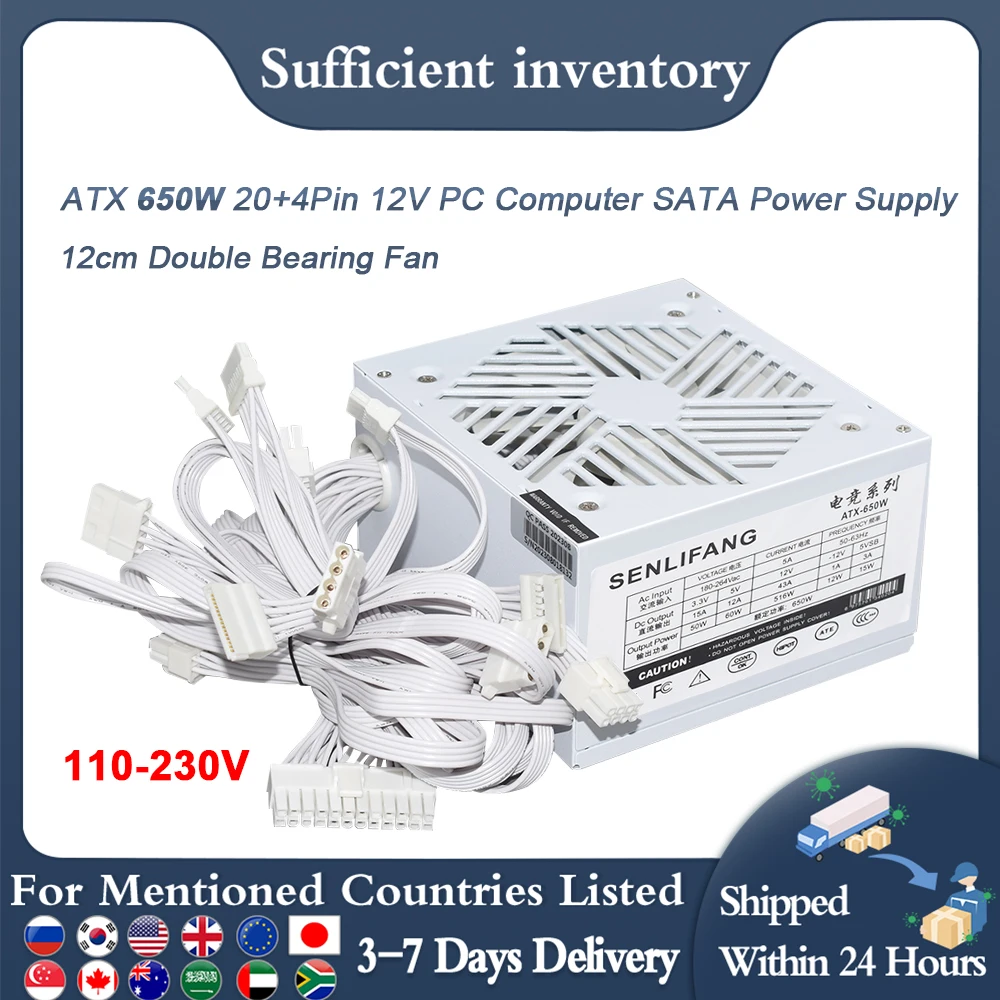 SENLIFANG White ATX 650W 12CM Double Bearing Cooling Fan 110-230V PSU 20+4Pin 12V E-Sports Video Game Computer Power Supply