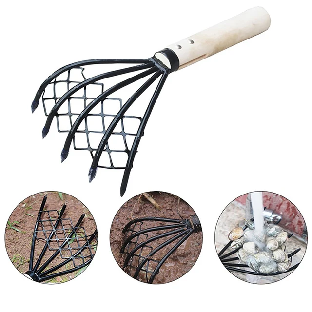 Multifunctional Clam Rake With Net 5 Claw Wood Handle Rake Shell Digging Tool Dig Seafood Accessories Weeding Farming Tool 3