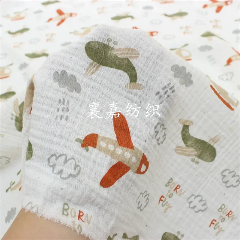 

Double Layer Gauze Cotton Crepe, Cartoon Airplane Printed Fabric, Baby Blanket, Children's Clothing, 1x1.35m