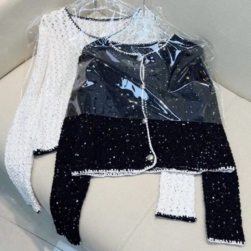 

Women's Full Sky Star Sequin Hollowed Out Hook Flower Knitted Jacket Ladies Single Breasted Contrasting White Edge Cardigan