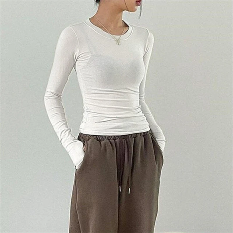 Women Casual Slim Fit Long Sleeve O-Neck T-shirts Tops Spring Fall Solid Color Tees with Thumb Holes Streetwear