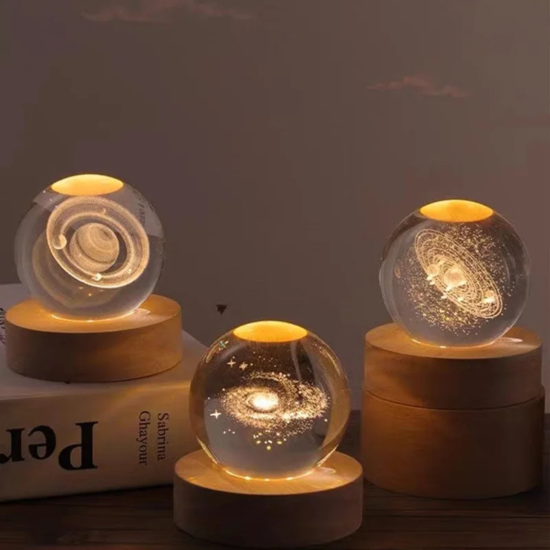 Crystal Ball Ornament 6cm 3D Crystal Planet Night Light Laser Engraved Solar System Globe