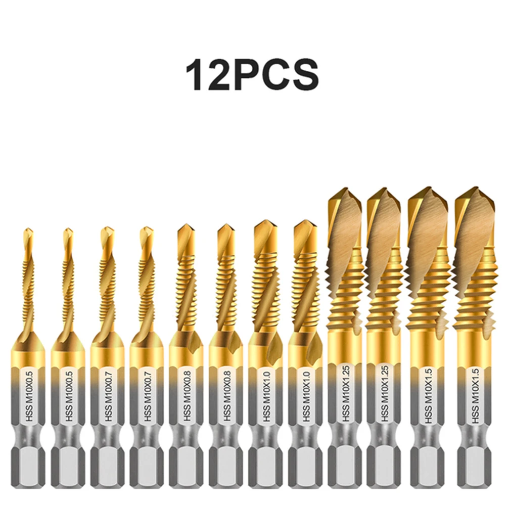 12pcs Tap Drill Bit Set Hex Shank Titanium Plated HSS Screw Thread Bit Screw Machine Compound Tap For Metal Steel Wood Plastic