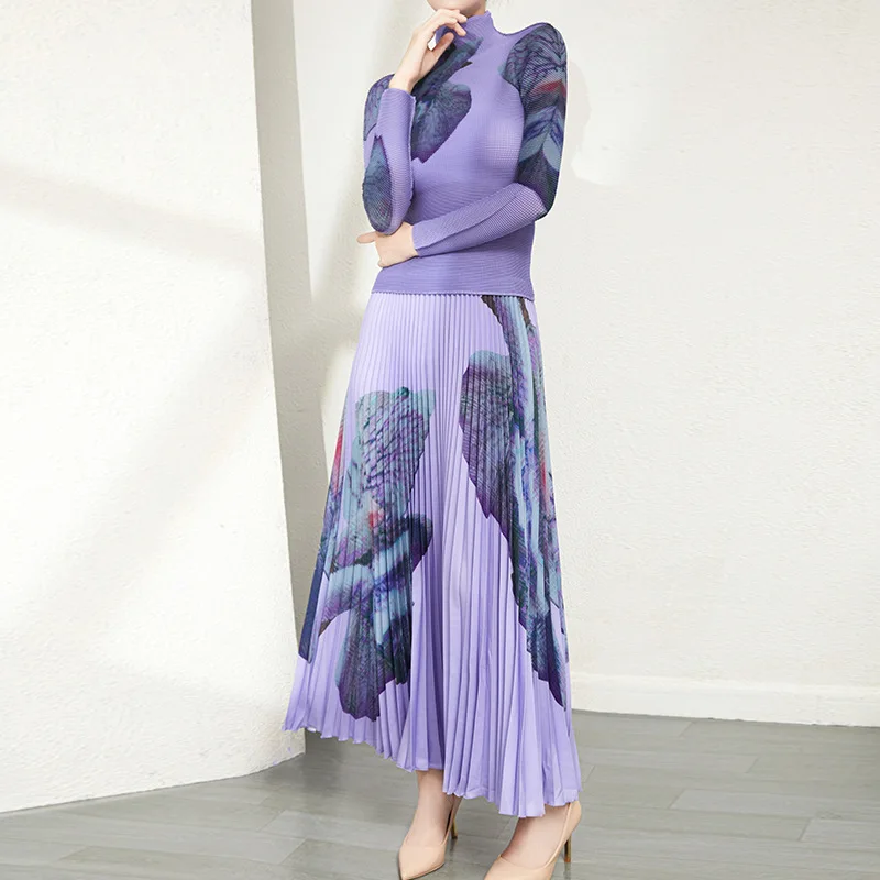 

ALSEY Miyake Printed Pleated Two Piece Slim Printed Top and High-end Fashion Skirt Women's Suit Casual Daily Wear Autumn New