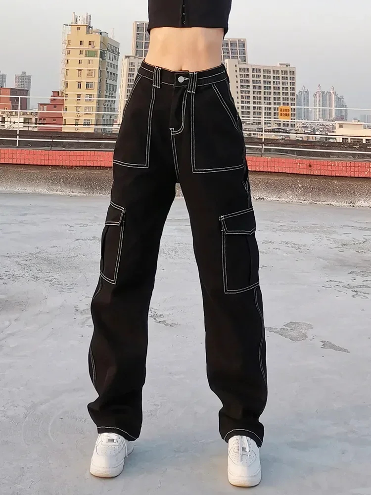 Weekeep Pockets Patchwork Baggy Jeans Fashion Streetwear 100% Cotton Women Denim Trouser Loose Cargo Pants Korean Autumn Winter