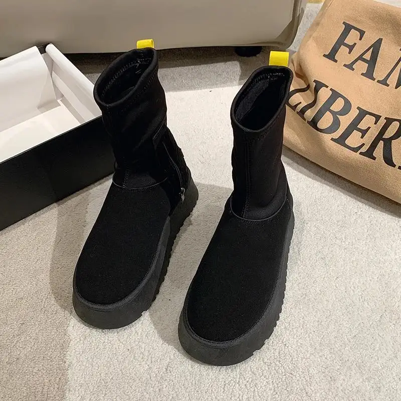 Snow Boots Women's 2023 Winter Soft Leather Flat Bottom Thickened Fashion Slim Elastic Boots  Mid Sleeve Cotton Boots