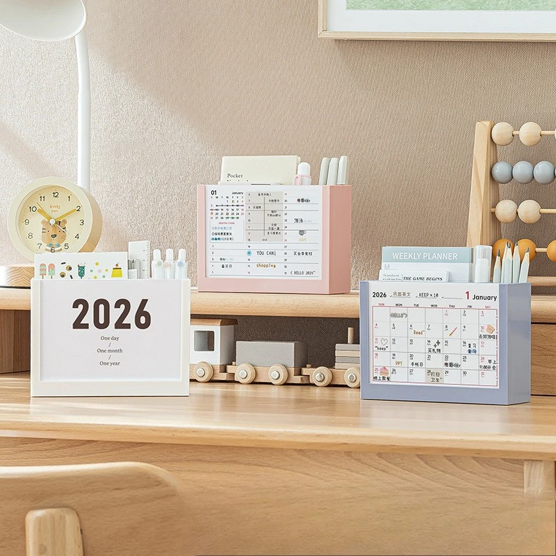 2025 & 2026 Productivity Calendar Stand Multifunctional Desk Organizer with Storage Box Cute Pen Holder for Home Office Decor