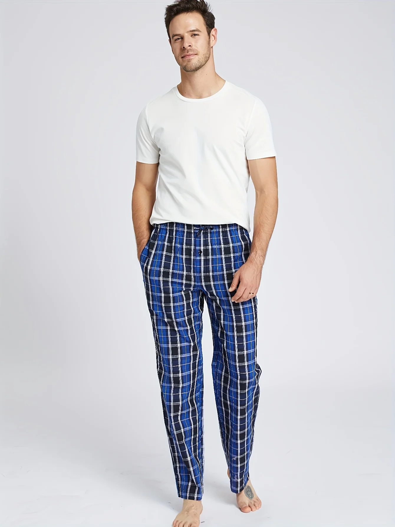 JupiterSecret 3pcs Men's Pajama Bottoms Thin Cotton Plaid Casual