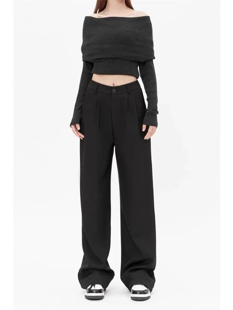 HOUZHOU Black Wide Leg Suit Pants Women Casual Baggy Basic Korean Formal Pants Pleated Classic Office Look High Waist Trousers